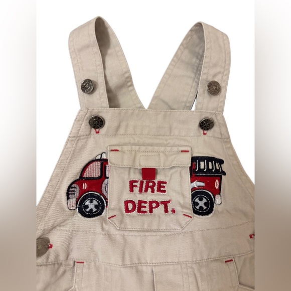 Vintage 90’s Baby Toddler Fire Department Cute Puppy Khaki Denim Overalls - 24M - Picture 3 of 16